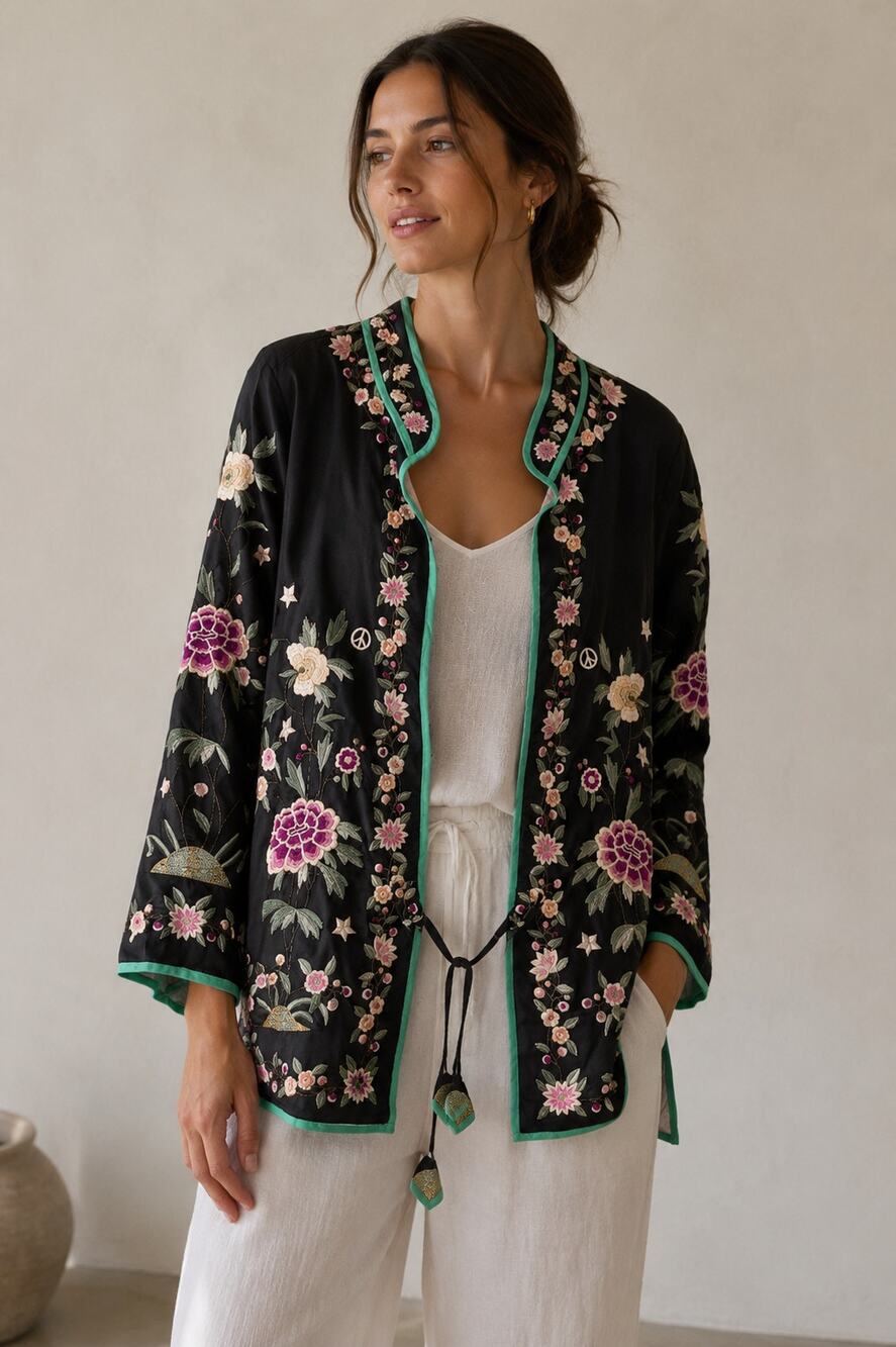 Scotch & Soda Embroidered Kimono Jacket Black Womens 2 Boho Whimsical